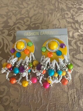Vintage Ladies Multicolored Beaded Earrings Clip On Fashion Bold Yellow